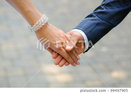 The bride and groom hold each other's hands 99497905