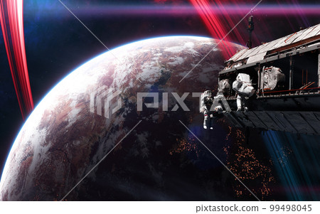 Space station in front of inhabited deep space planet Space station in front of inhabited deep space planet 99498045