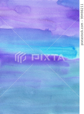 Watercolor violet and blue background painting, brush strokes on paper. Liquid watercolour stains backdrop. 99498211
