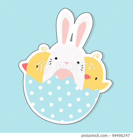 Happy Easter vector sticker. Bunny and chickens in an eggshell 99498247