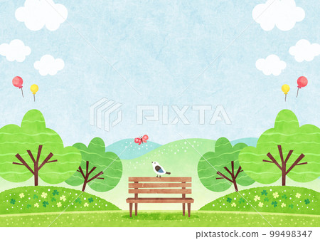 A small bird perched on a park bench surrounded by nature Fresh green watercolor background illustration 99498347
