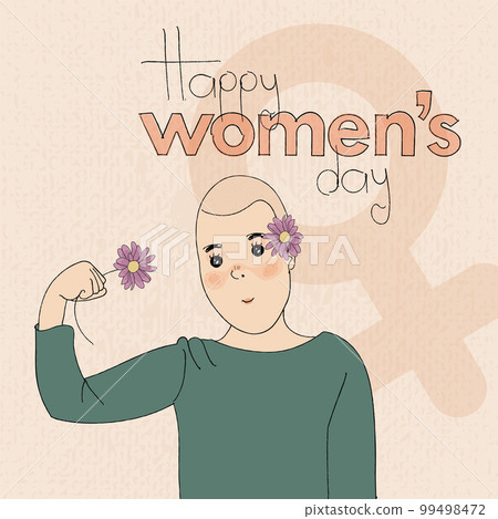Isolated bald girl character with flowers Happy women day poster Vector Isolated bald girl character with flowers Happy women day poster Vector 99498472