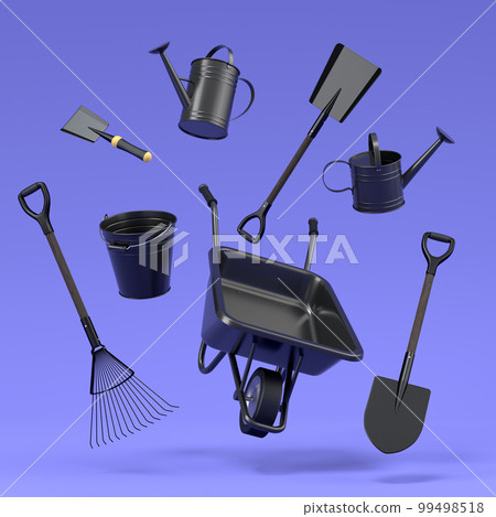 Garden wheelbarrow with garden tools like shovel, rake and fork on violet background. 3d render concept of horticulture and farming supplies Garden wheelbarrow with garden tools like shovel, rake and fork on violet background. 3d render concept of horticulture and farming supplies 99498518