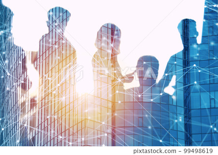 Businessmen that work together in office with network effect. Concept of teamwork and partnership. double exposure 99498619