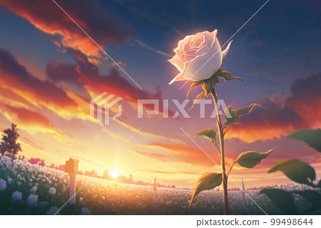 夕陽的天空和白玫瑰 99498644