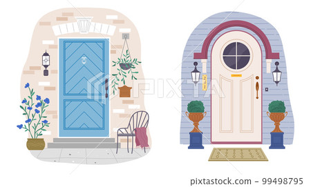 Set of different house entrances porches and closed doors. Entries to apartments with colored window 99498795