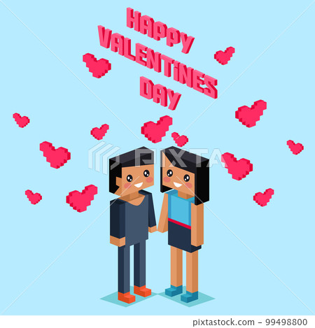 Happy Valentines Day poster in pixel art style. Love message. Pixel pink hearts and pixelated couple 99498800