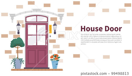 Facade door house exterior. front view from street. Closed home entrance exterior with potted plants 99498813