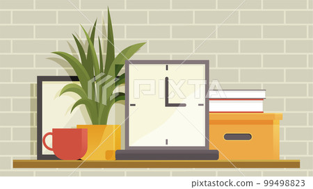 Room furniture with interior items. Wooden shelf with decorations. Office or home furnishings Room furniture with interior items. Wooden shelf with decorations. Office or home furnishings 99498823