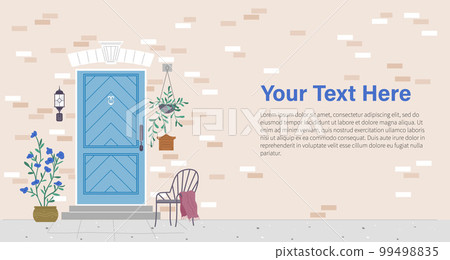 Facade door house exterior. front view from street. Closed home entrance exterior with potted plants Facade door house exterior. front view from street. Closed home entrance exterior with potted plants 99498835