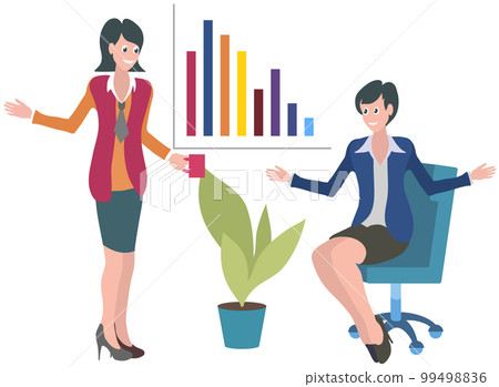 Communicating office workers or friends two women spend time together during break with coffee cup 99498836