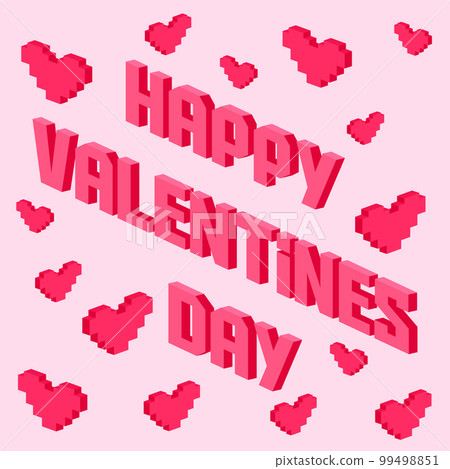 Postcard, love message or Happy Valentines Day banner pixel art with red hearts on pink background 99498851