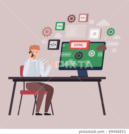 Programmer doing programming languages design and program code on screen, talking on phone Programmer doing programming languages design and program code on screen, talking on phone 99498852