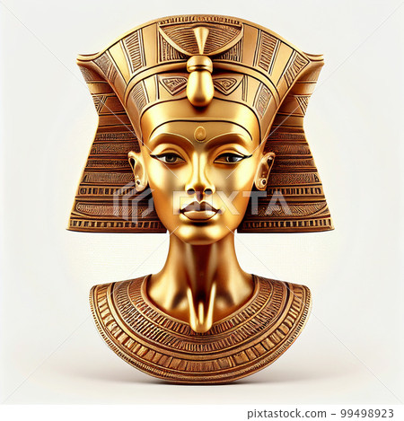 Antique retro gold mask of egyptian queen nefertiti isolated on white closeup, ancient element of egyptian pyramids 99498923