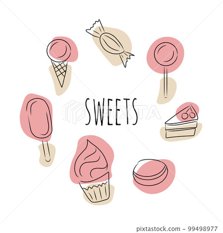 Sweets, vector set. Hand drawn sketch and colored spots. Sweets, vector set. Hand drawn sketch and colored spots. 99498977