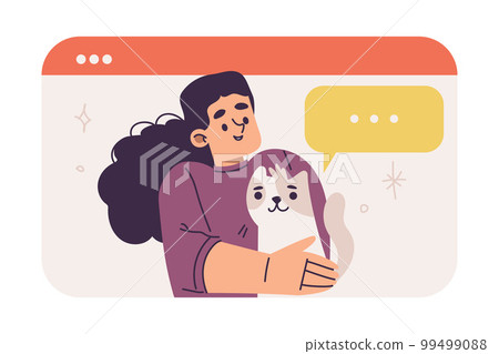 Virtual Communication with Woman Character in Web Window with Cat Talking to Somebody Vector Illustration 99499088