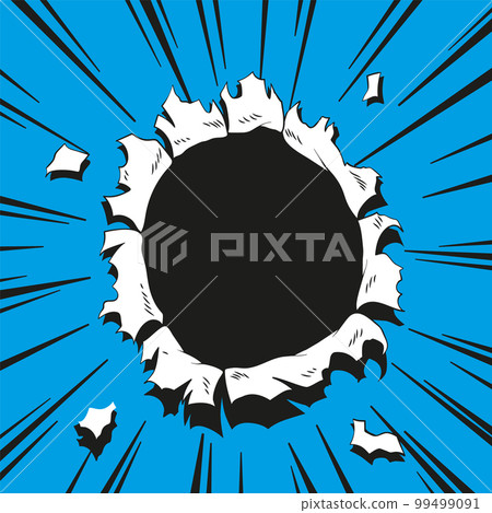 Comic book hole. Vector paper is torn through boom explosion. Circle hole in the middle on green background. Comics style cover template or flyer wallpaper Comic book hole. Vector paper is torn through boom explosion. Circle hole in the middle on green background. Comics style cover template or flyer wallpaper 99499091