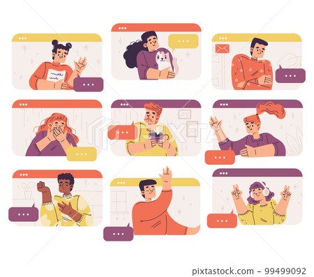 Virtual Communication with People Characters in Web Window Talking Vector Set Virtual Communication with People Characters in Web Window Talking Vector Set 99499092