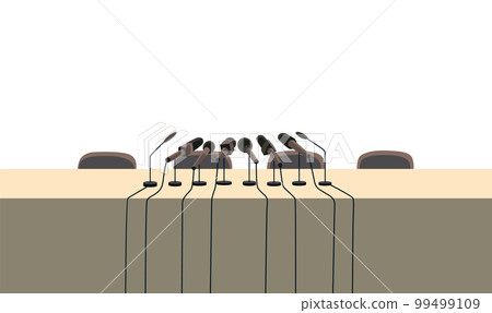 Press conference table or tribune with microphones. Media interviews and answers to questions. Political conference banner, reportage or briefing 99499109