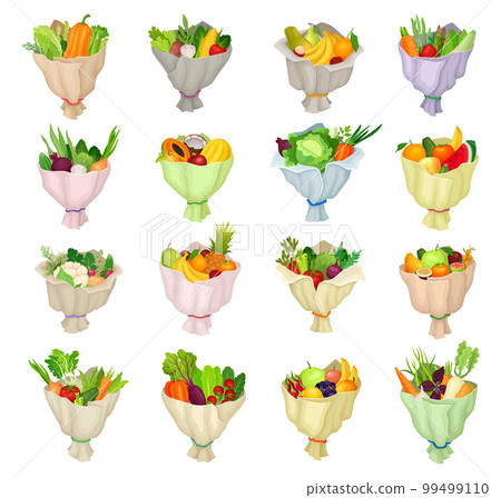 Ripe and Juicy Fruit and Vegetable Bunch or Bouquet Wrapped in Paper Big Vector Set 99499110