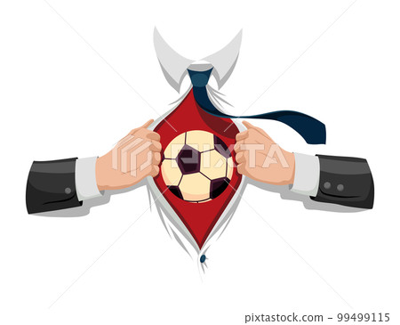 Opening shirt superhero. Office worker or businessman tearing his shirt to show symbol in flat cartoon style. Business success concept in pop art comic style. Vector illustration Opening shirt superhero. Office worker or businessman tearing his shirt to show symbol in flat cartoon style. Business success concept in pop art comic style. Vector illustration 99499115