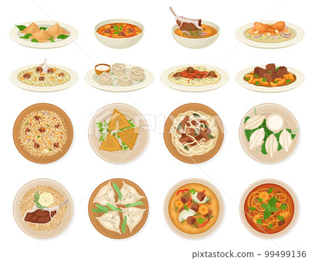 Traditional Dishes of Uzbek Cuisine with Pilaf and Lagman Big Vector Set 99499136