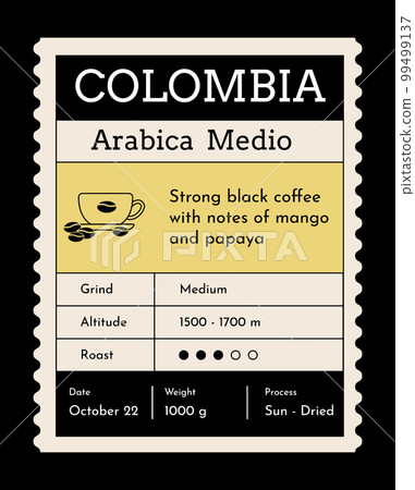 Coffee label mockup. Food package cover design. Caffeine roasted beans packaging. Vintage pack label emblem with minimalistic graphic grid layout. Vector brand tag 99499137