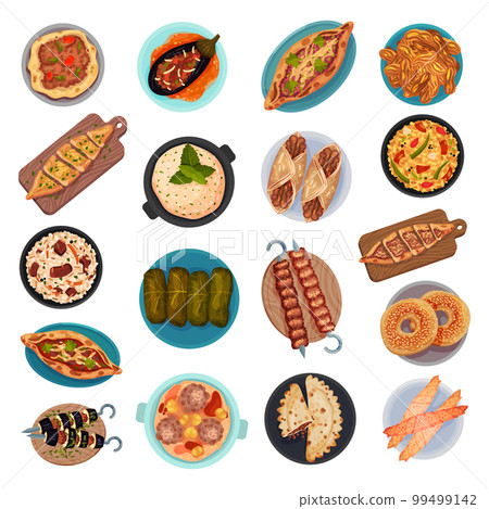 Turkish National Food Served on Plate Above View Big Vector Set Turkish National Food Served on Plate Above View Big Vector Set 99499142