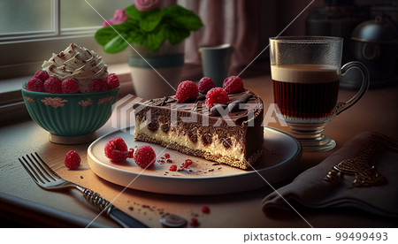 chocolate cake cheesecake with raspberries on the table near the window with coffee .Generative AI 99499493