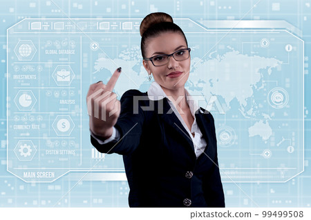 Young business lady in futuristic office with HUD. Global corporate concept 99499508