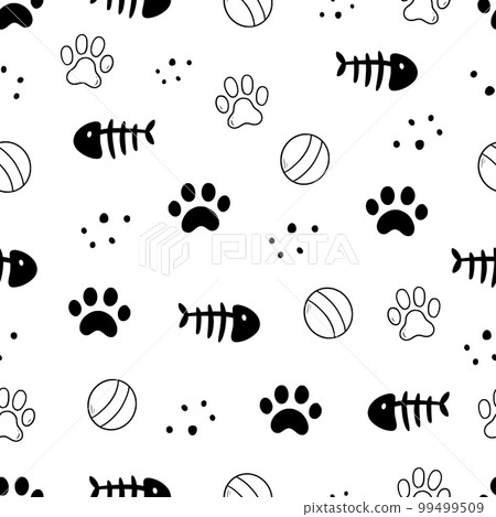 Cat toy, fooprint pattern seamless. Hand drawn sketch doodle kitty cute element on white background. Fish bone, footprint, cat toy element. Pet veterinary pattern. Vector Cat toy, fooprint pattern seamless. Hand drawn sketch doodle kitty cute element on white background. Fish bone, footprint, cat toy element. Pet veterinary pattern. Vector 99499509