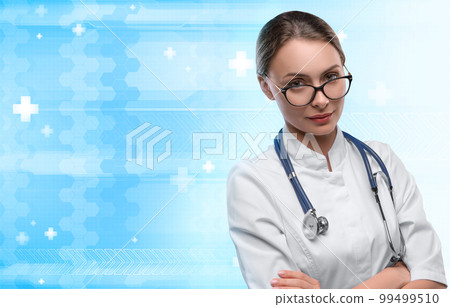 Woman doctor on blue and white futuristic background with medicine symbols 99499510
