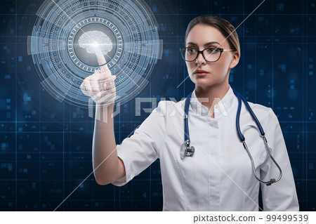 Woman doctor pointing hud futuristic interface. Brain examination concept 99499539