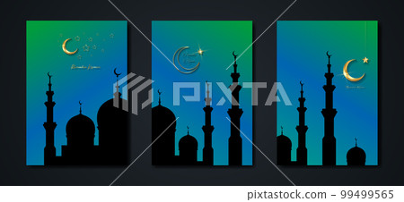 Ramadan Kareem 2023 vector set greeting card. Gold half moon on blue background. Colorful holiday poster with text, islamic symbol. Concept Muslim religion banner, flyer, party invitation, sale shop Ramadan Kareem 2023 vector set greeting card. Gold half moon on blue background. Colorful holiday poster with text, islamic symbol. Concept Muslim religion banner, flyer, party invitation, sale shop 99499565