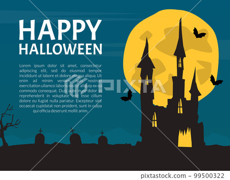 Banner with Scary Halloween House with Ghost and Bats Vector Template 99500322