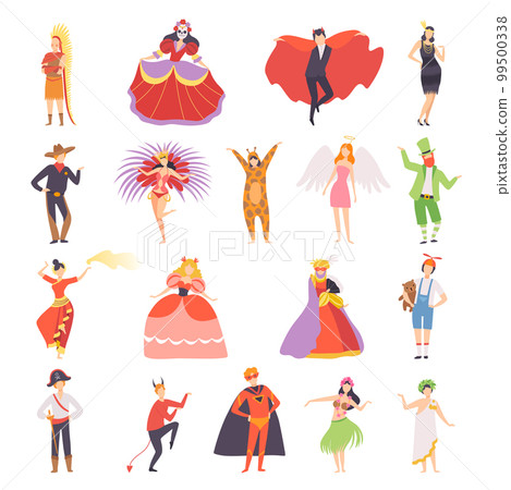 Man and Woman Character Wearing Carnival or Party Garment Big Vector Set 99500338