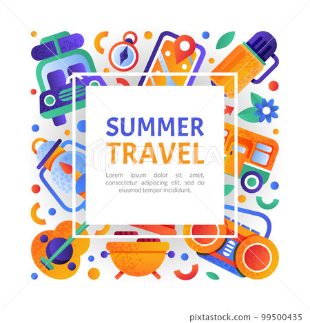 Summer travel banner template. Invitation card, poster, cover with camping equipment vector illustration 99500435