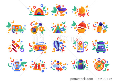 Hiking equipment and tourism symbols set. Camping icons cartoon vector Illustration 99500446