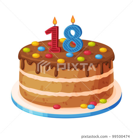Candle on birthday cake with 18 number age. Festive dessert burning number shaped candle cartoon vector illustration 99500474