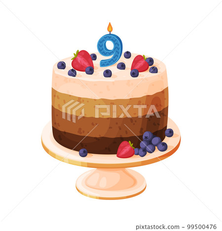 Candle on birthday cake with 9 number age. Festive dessert burning number shaped candle cartoon vector illustration 99500476