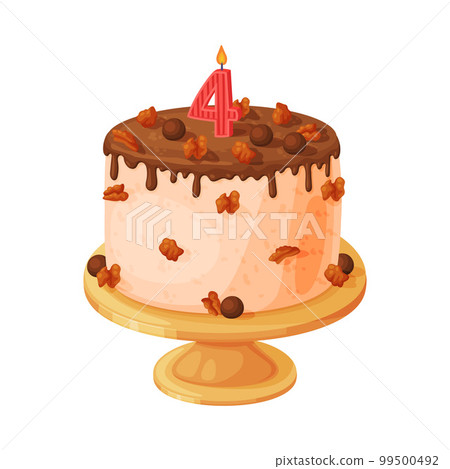 Candle on birthday cake with 4 number age. Festive dessert burning number shaped candle cartoon vector illustration Candle on birthday cake with 4 number age. Festive dessert burning number shaped candle cartoon vector illustration 99500492