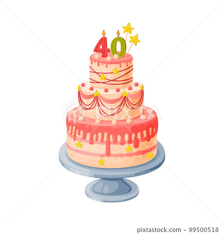 Candle on birthday cake with 40 number age. Festive dessert burning number shaped candle cartoon vector illustration Candle on birthday cake with 40 number age. Festive dessert burning number shaped candle cartoon vector illustration 99500518