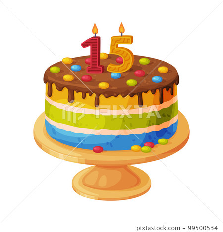 Candle on birthday cake with 15 number age. Festive dessert burning number shaped candle cartoon vector illustration Candle on birthday cake with 15 number age. Festive dessert burning number shaped candle cartoon vector illustration 99500534