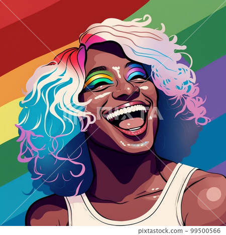 Black transgender person in wig laughing on gay or lgbtq flag background Black transgender person in wig laughing on gay or lgbtq flag background 99500566