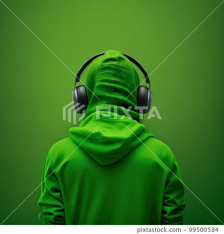 Unrecognizable person from behind wearing headphones wearing green clothing on green background. Artwork, Conceptual 99500584
