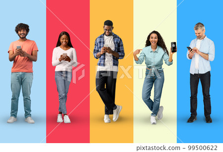Virtual Chat. Happy Multiethnic Men And Women Using Smartphones Over Colorful Backgrounds 99500622