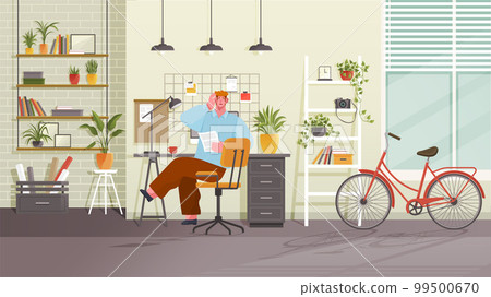Man works at home office with cozy modern workplace, room with bike and houseplants. Tired employee Man works at home office with cozy modern workplace, room with bike and houseplants. Tired employee 99500670