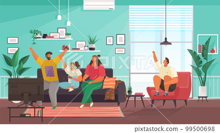 Family spending leisure time together. Mother, father, daughter and son playing board game at home Family spending leisure time together. Mother, father, daughter and son playing board game at home 99500698