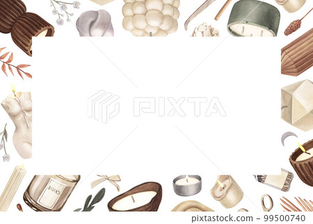 Watercolor frame of modern scented candles of soy and coconut wax, essential oils, craft trendy candles. Hand-drawn illustration isolated on white background for aromatherapy, hygge home, meditation 99500740