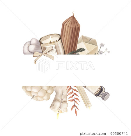 Watercolor logo frame of modern scented candles of soy and coconut wax, essential oils, craft trendy candles. Hand-drawn illustration isolated on white background for aromatherapy, home, meditation 99500741